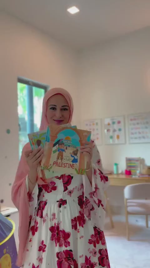 Parent showing the Little Pilgrims Adventures books